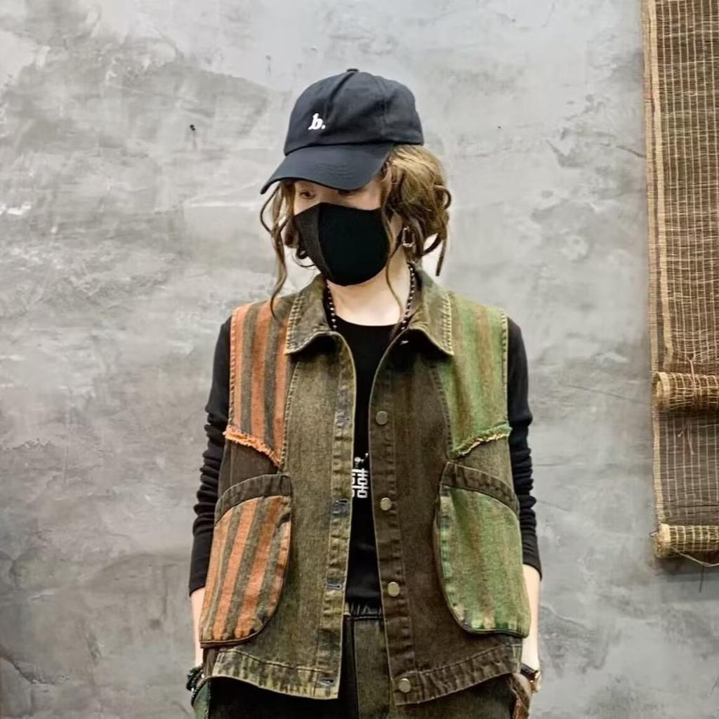 Frühling Vintage Ärmellose Kleidung Damenmode Locker Gestreifte Jeansweste Damen Lässige Mäntel Klassische Westen