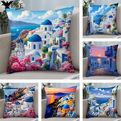 Poszewka na poduszkę krajobraz Santorini Krótkie pluszowe poszewki na poduszki Sofa Dekoracyjny prezent Dom Druk dwustronny Poszewka na poduszkę
