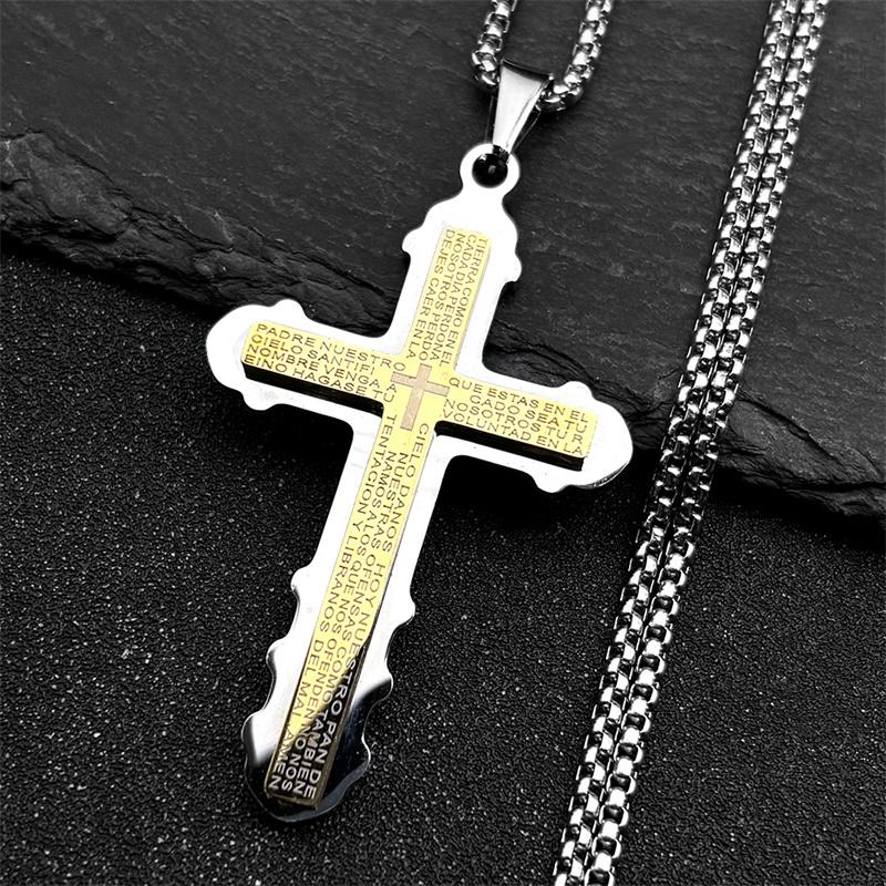 Catholic Spanish Bible Cross Pendants Necklace for Women Men Stainless Steel Chain Necklaces Prayer Amulet Jewelry Gift