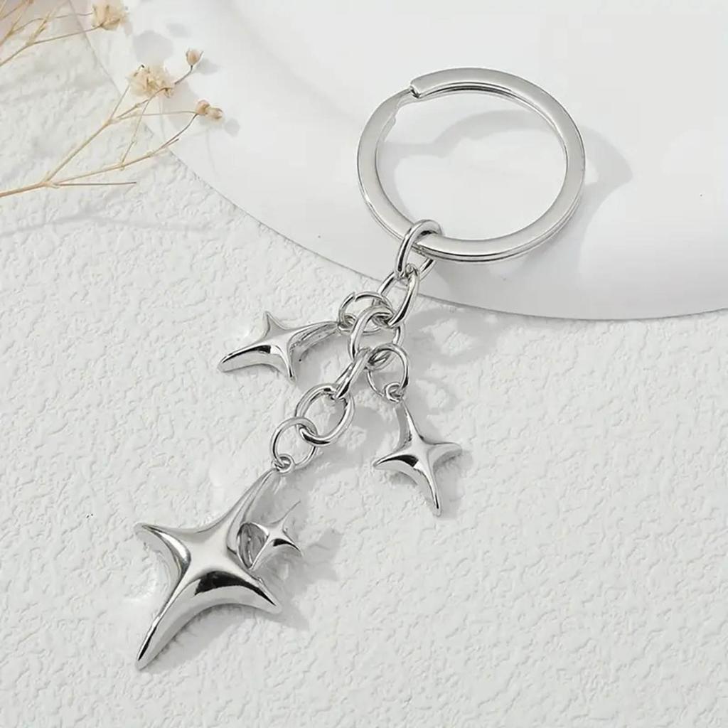 Crescent Moon Four-pointed Star Female Car Keys Chain Rings Bag Pendant for Gift
