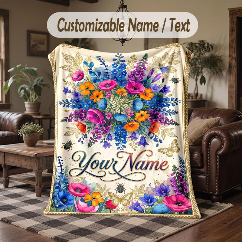 Floral Elegance Card 2 Theme Throw Blanket Custom Name Text Personalized Blanket Soft Cozy Blanket for Home Sofa Bed
