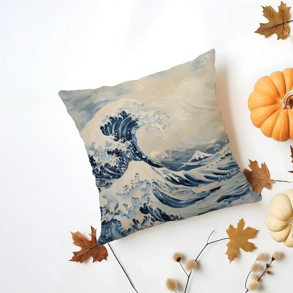 HHokusai Great Wave Cushion Cover Washable Linen Pillowcase Soft  for Daily Sofa Bed Home Room Decor