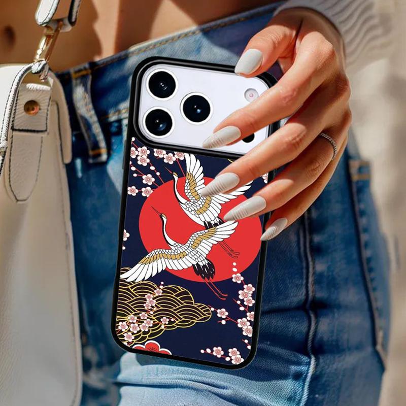 Japanese Style Crane Cherry Phone Case For iPhone 17 Air 14 15 13 12 Max Cover For Apple 14 15 16 16e 11 Pro Max Plus
