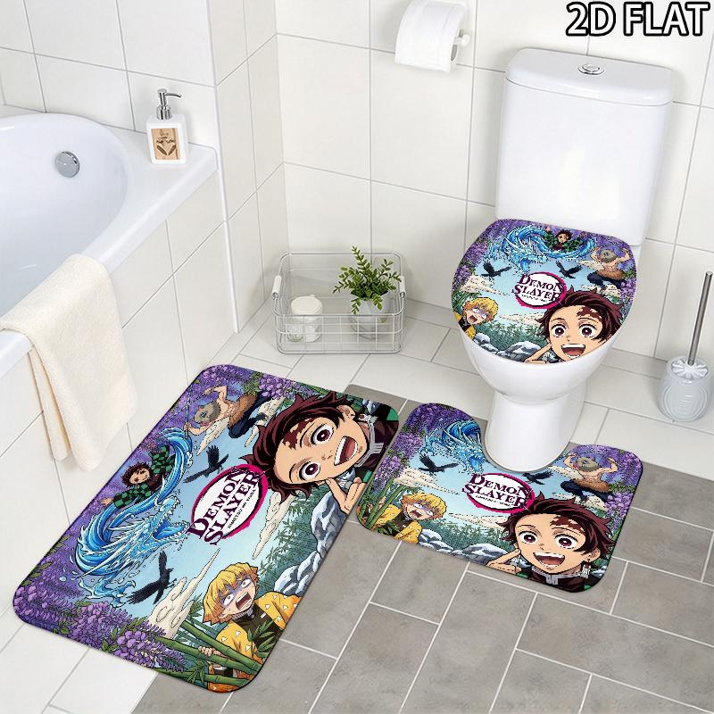 Demon Slayer Art 3Pcs Flannel Toilet Mat Set Bathroom Rug Bath Carpet Non Slip Home Decor Toilet 3 Pcs Bathroom Textile Set