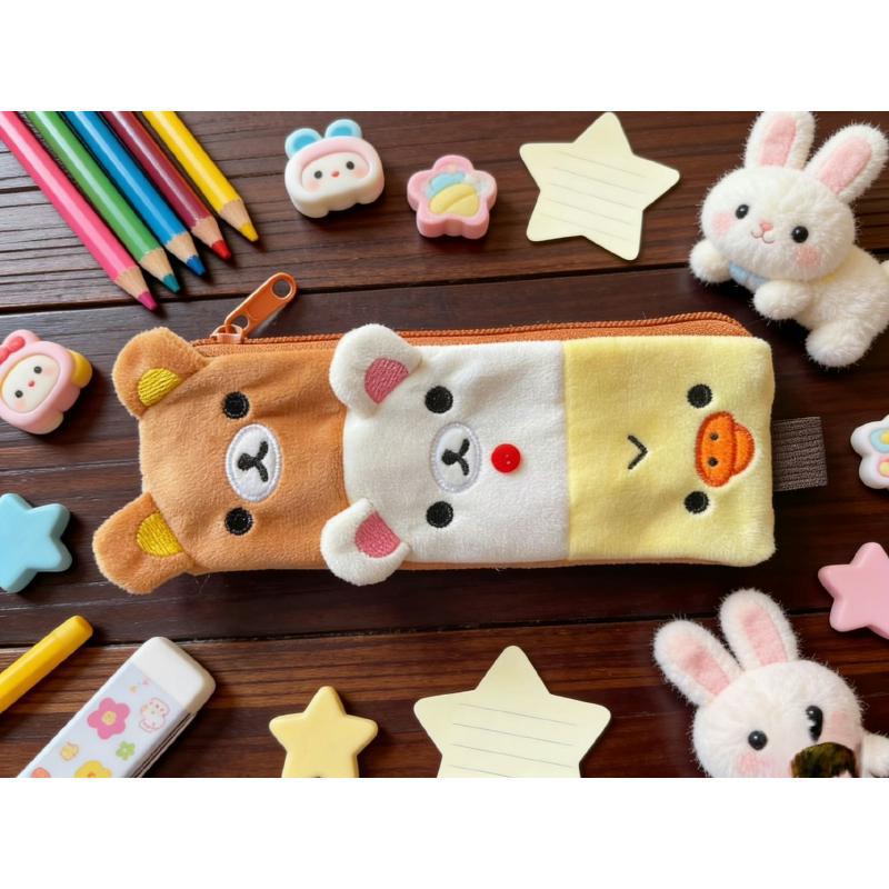 Plush Pencil Case Cute Cartoon Animal Large Capacity Portable Creative Stationery Storage Bag Rilakkuma Style For Kids Students