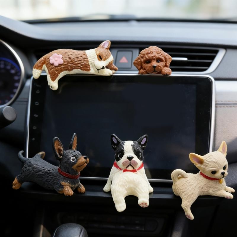 5Pcs Mini Dog Figurines with Assorted Poses Strong Small Dog Statues Easy Adhesive Installation for Car Dashboard Decors