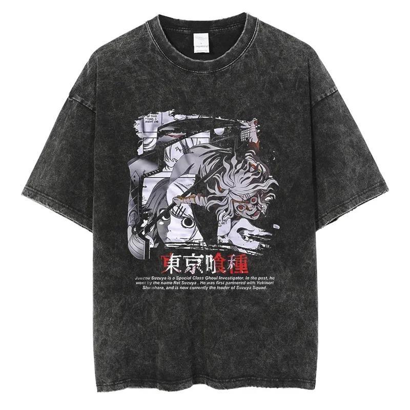 Horké Anime Tokyo Ghoul Grafické Prané Tričko s Pavoučí Lilií Pánské Vintage Trička Y2k Bavlněné Tričko Harajuku Pánské Ležérní Topy