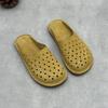 Johnature Handmade Cowhide Slippers Round Toe Flat Hollow-out Breathable Genuine Leather Slides