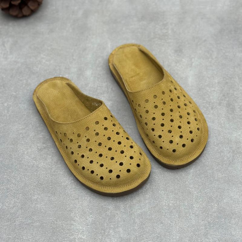 Johnature Handmade Cowhide Slippers Round Toe Flat Hollow-out Breathable Genuine Leather Slides