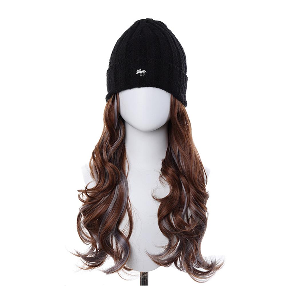 Hut Perücke Lang Gewellt Highlight Synthetisches Haar Mit Warmem Winter Beanie Hut Mode Haar Accessoires Für Damen black