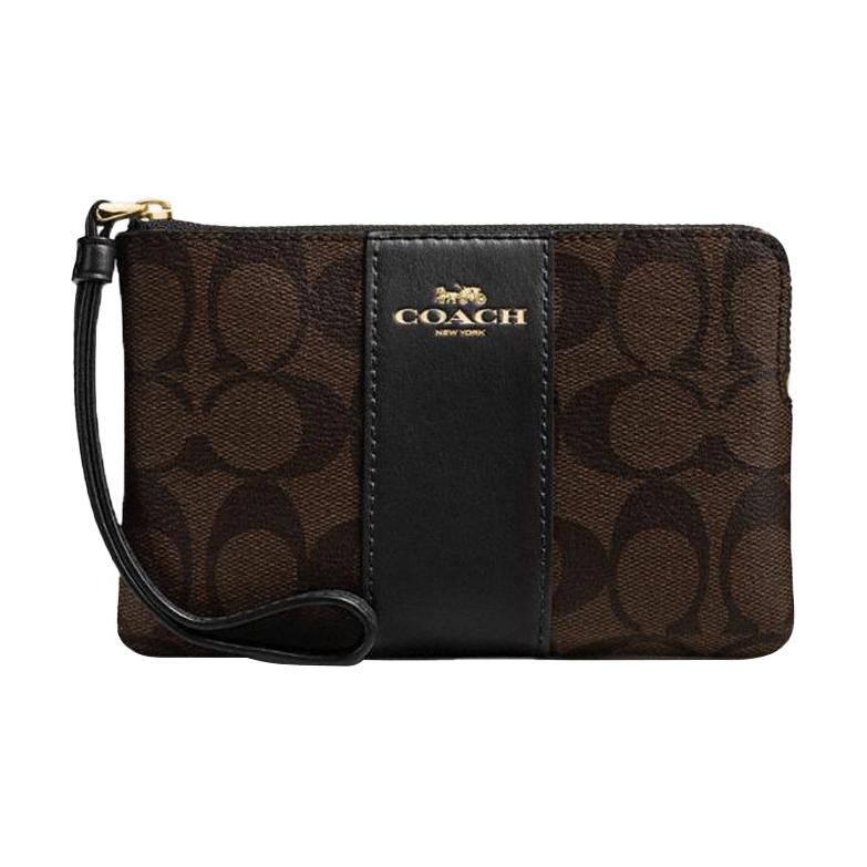COACH Corner Zip Canvas With Leather Clutch Wrist Bag Pochette Coin Purse Womens Dark Brown One Size темно-коричневого