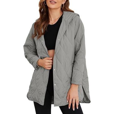 Women Casual Hooded Plaid Quilted Button Mid Length Loose Winter Padded Coat