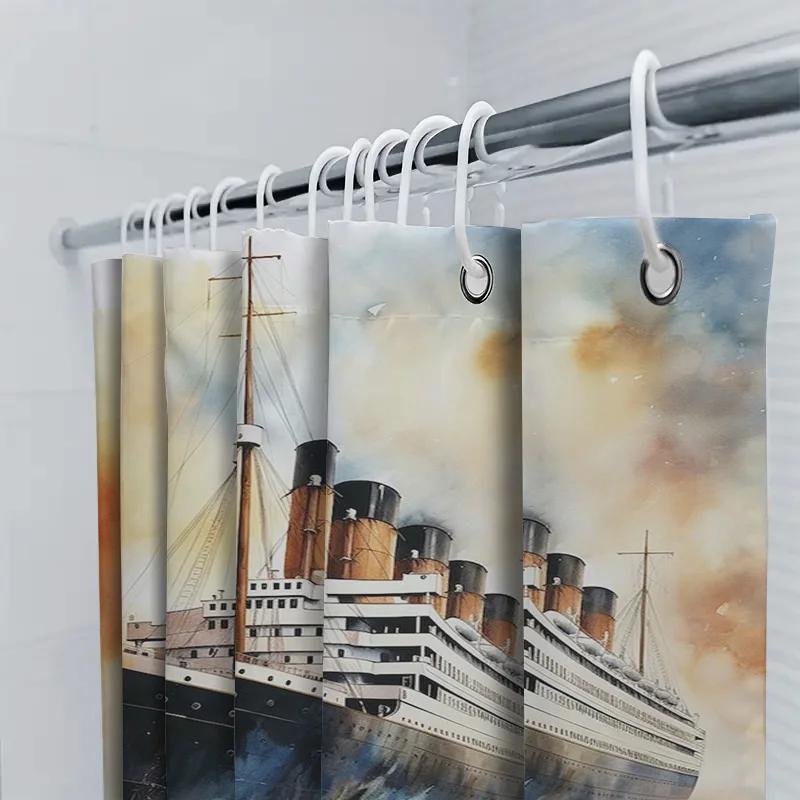 Dekorativer Duschvorhang Titanic Schiff Design Für Badezimmer Dekoration Wasserdichtes Gewebe Mit Hakenringen (Blau Weiss)