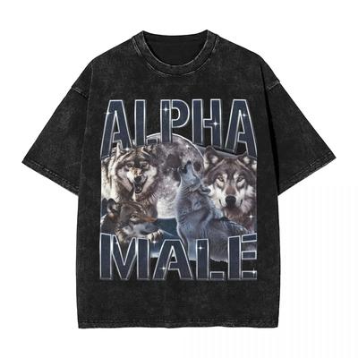 Magliette Lavate Lupo Alfa Animale Magliette Vintage Oversize Meme Divertente Streetwear Cotone Top Estivo Magliette per Uomo Donna