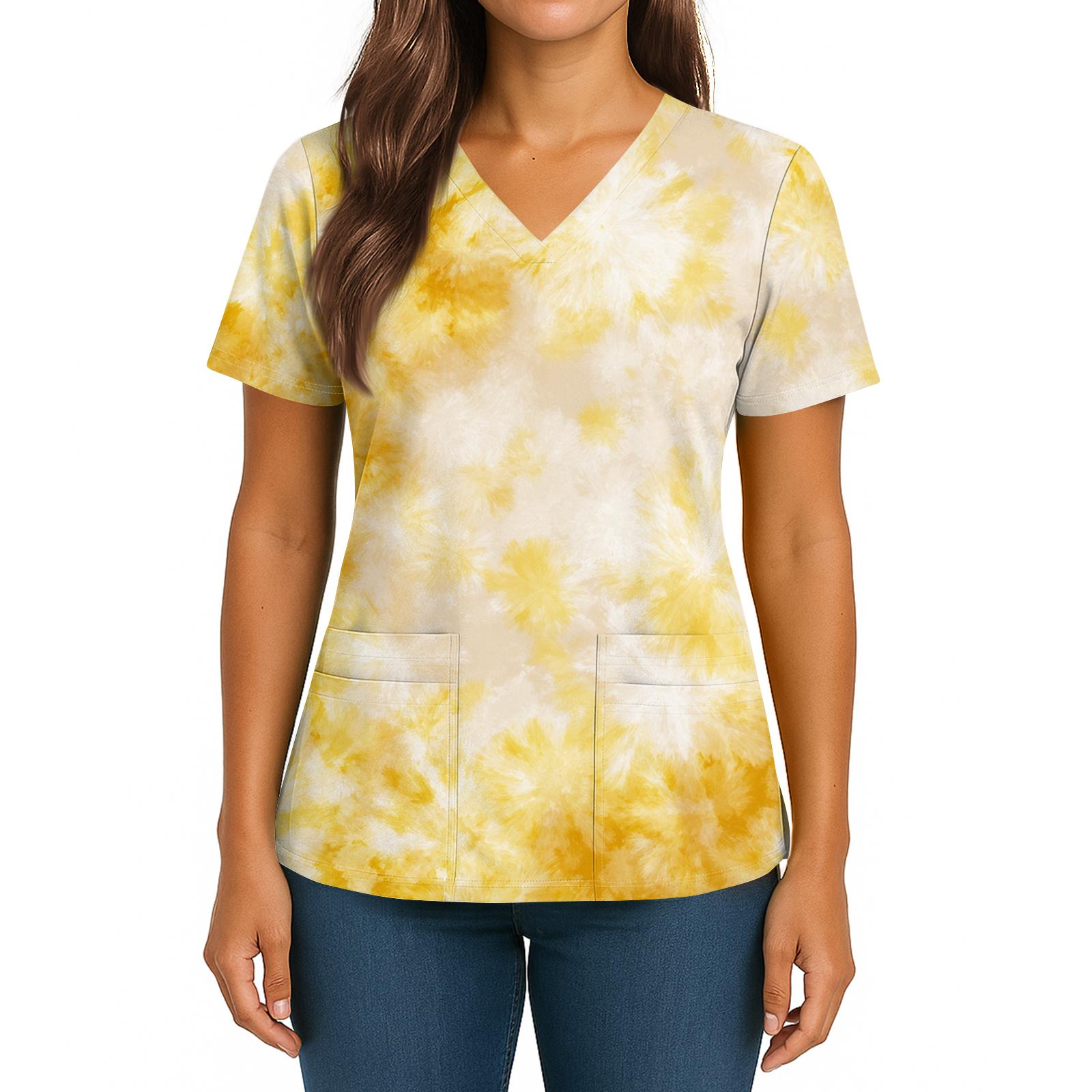 

Женский топ с градиентным принтом, V-образным вырезом, двойным карманом, короткими рукавами, разрезом по низу, униформа для ухода L жёлтый