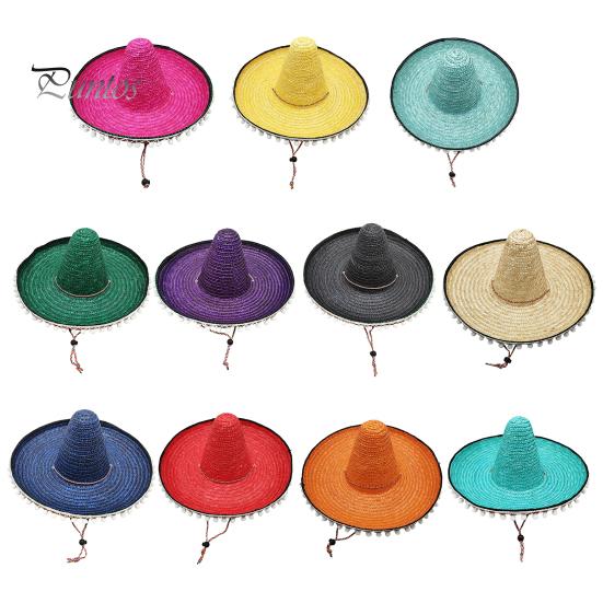 Zonnehoed Mexicaanse Sombrero met Kleurrijke Pompons, Hawaiiaanse Stijl Geweven Strohoed, Brede Rand Lichtgewicht Alle Seizoenen Feestkostuum voor de Zomer