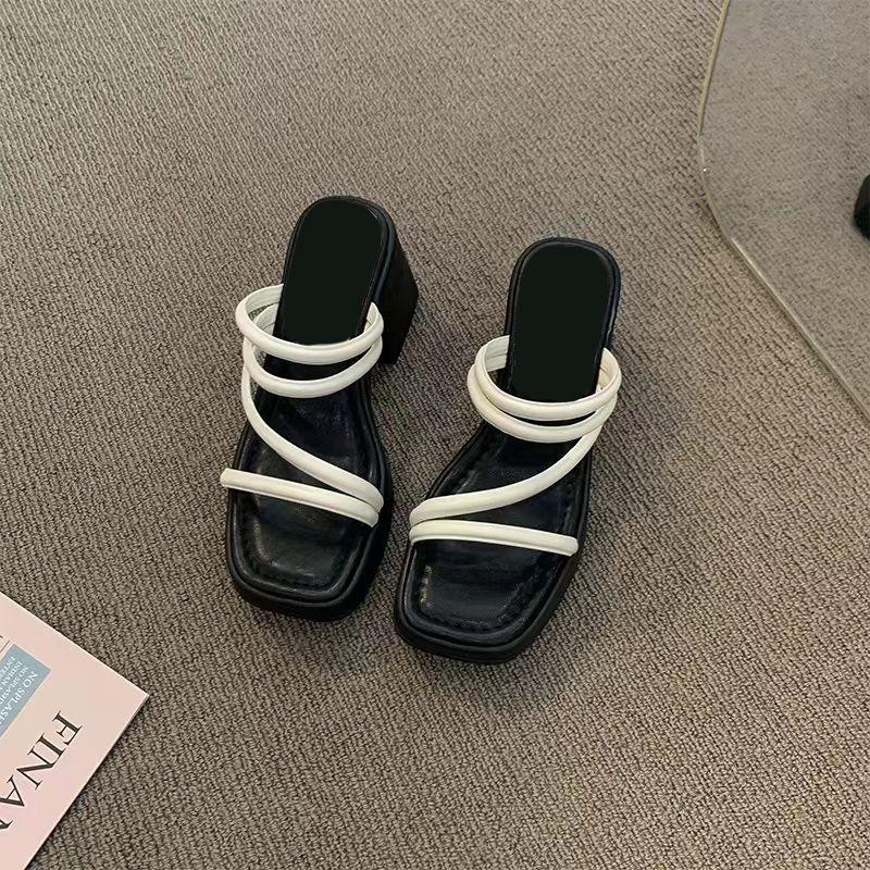 Fashion Versatile Two Wear High-heeled Cool Slippers Women Summer Wear New Women's Thick-heeled Thick-soled One-word Sandals