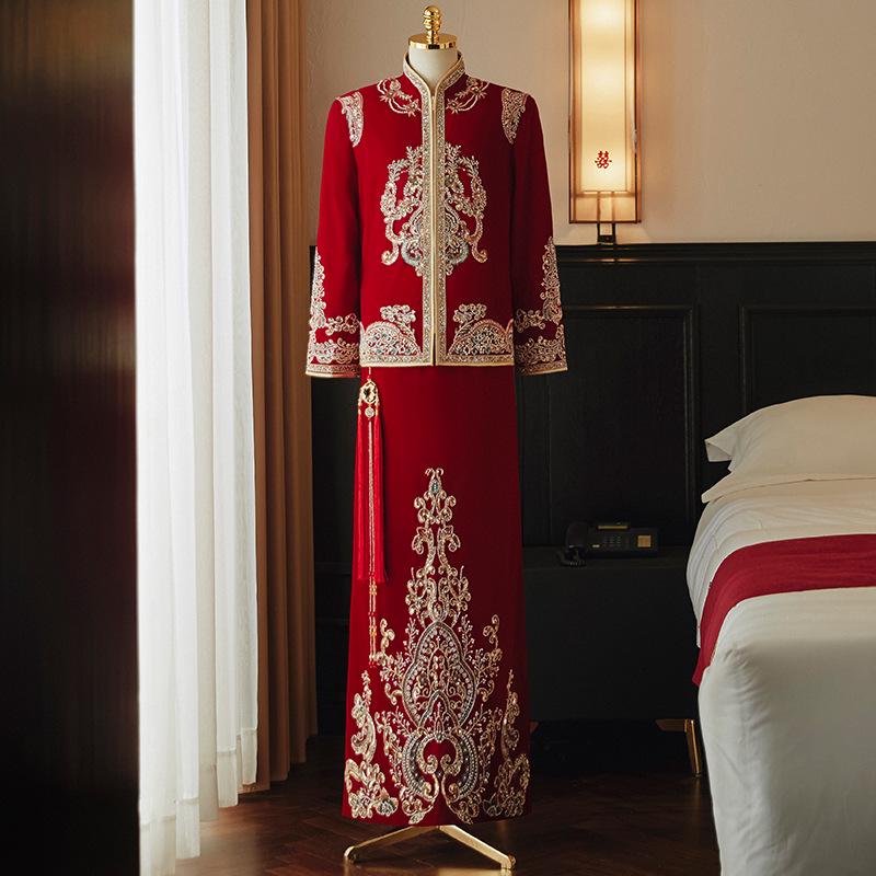 2026 Dragon & Phoenix Embroidered Satin Xiuhe Suit for Chinese Grooms - Velvet Tang Suit Hanfu Wedding Attire S