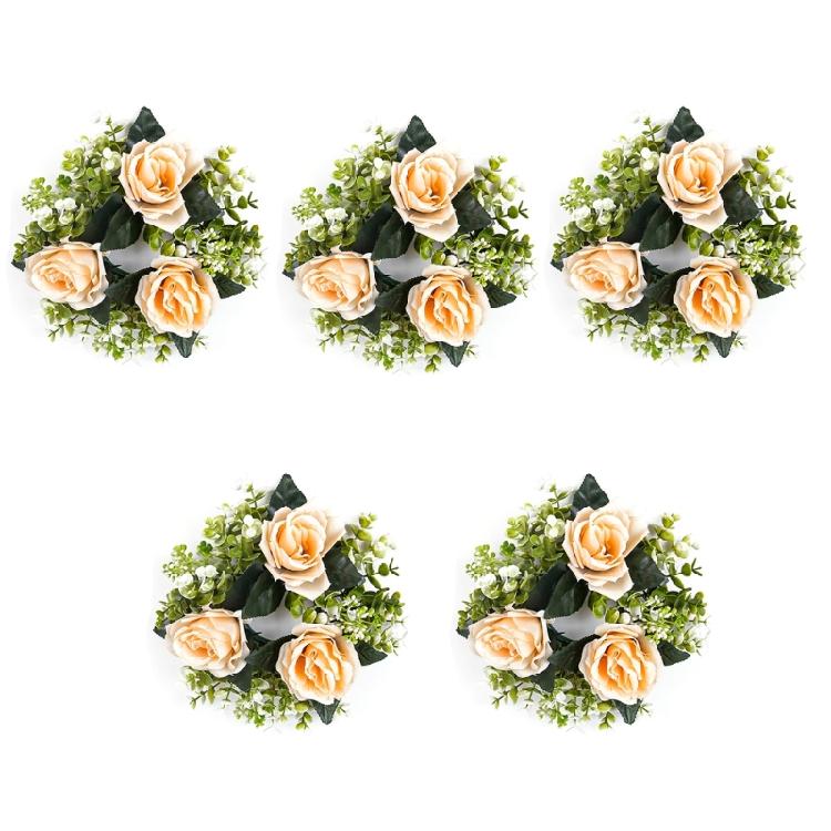 5Pcs Simulated Rose Flower Candlestick Wreath Small Candle Rings Dining Table Centerpieces Decoration Wedding Props