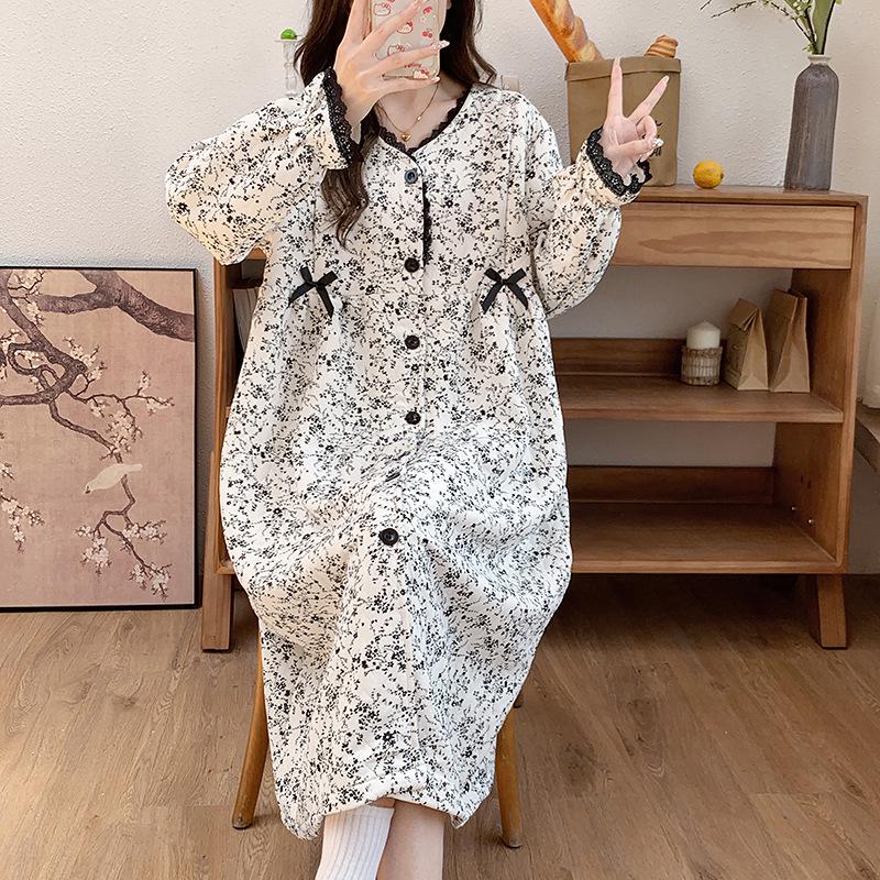 Umstandspajamakleid aus Luftbaumwolle für Herbst/Winter - Übergröße für pränatale, Krankenhaus- und postpartale/Stillzeit-Nutzung