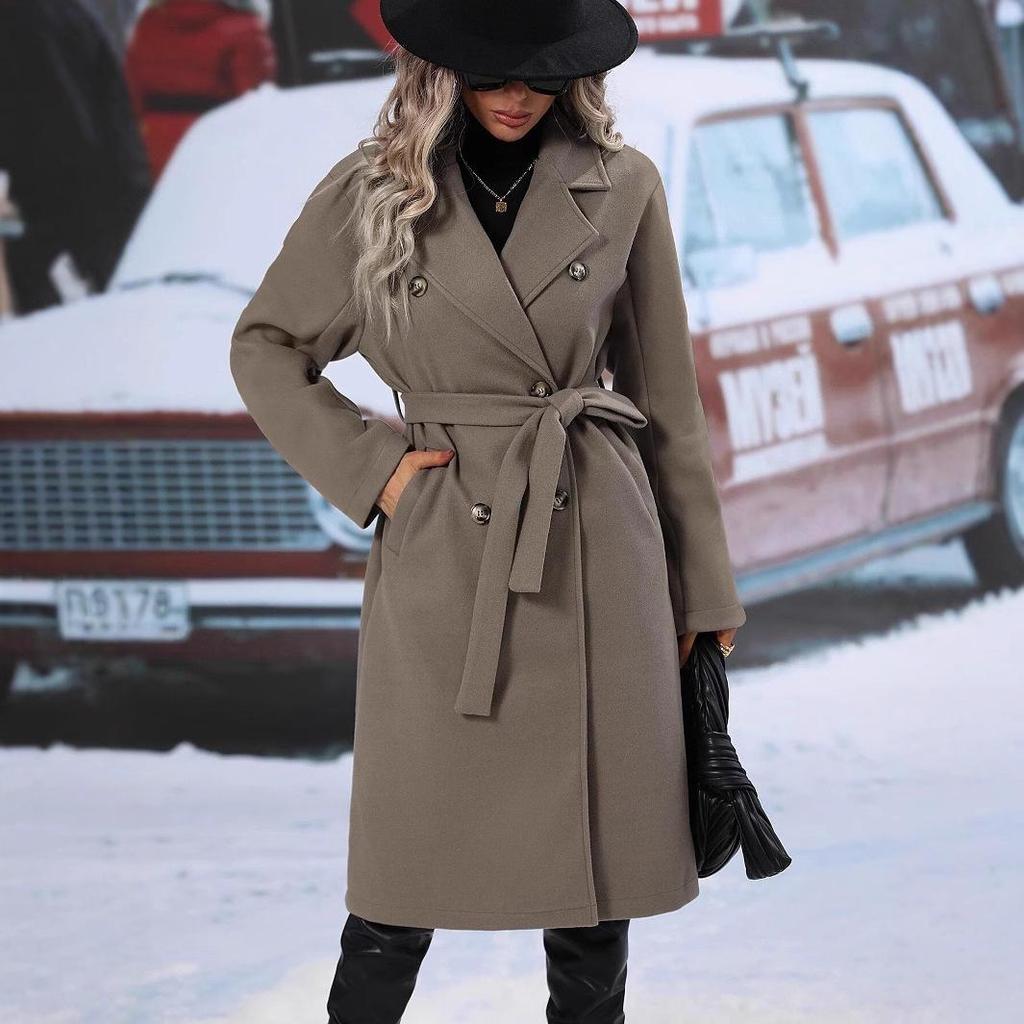 2025 Autumn/Winter Women's European & American Wool Double-Breasted Tie Coat