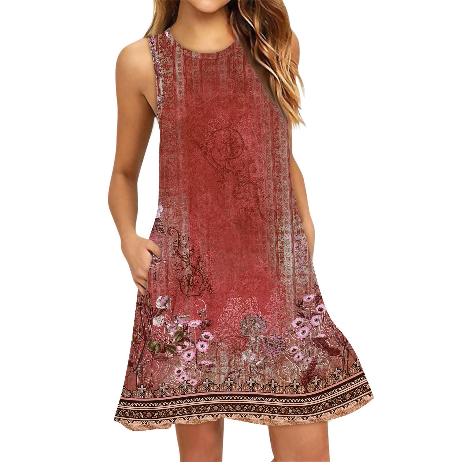 

Women s Fashion Beach Dress Sleeveless Round Neck Floral Print Dress XXL червоний
