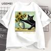 Van Goghs Cat Art Print T Shirt Funny Graphci T Shirts Cotton Trendy Summer Loose Short Sleeved Tshirt Unisex Unisex Harajuku Top