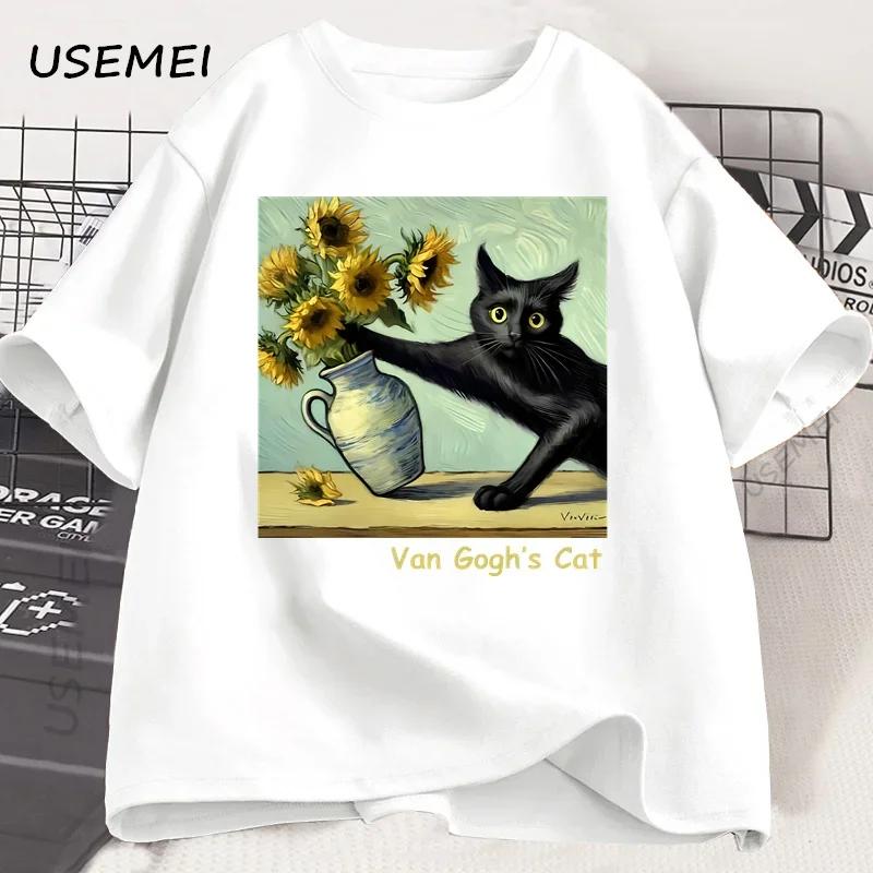 Van Goghs Cat Art Print T Shirt Funny Graphci T Shirts Cotton Trendy Summer Loose Short Sleeved Tshirt Unisex Unisex Harajuku Top