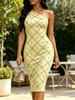 Light Yellow Green Star Plaid Print One Shoulder Spaghetti Strap Bodycon Midi Dress Slim Fit Waisted Dress