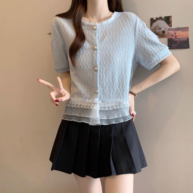 Women Sweet Style Short Sleeve Lace Trim Button Down Blouse