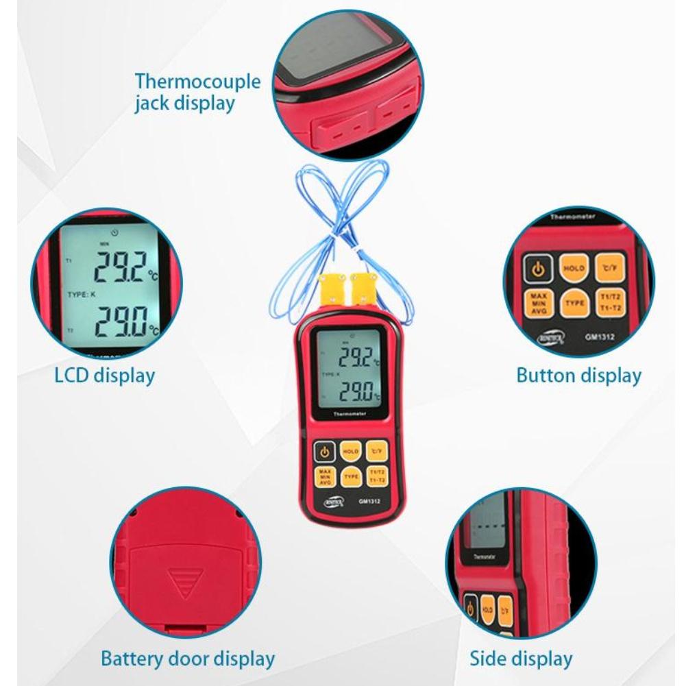 GM1312 Digital Thermocouple Thermometer for J K T E R S N Type Temperature Measurement with Dual Channel Display
