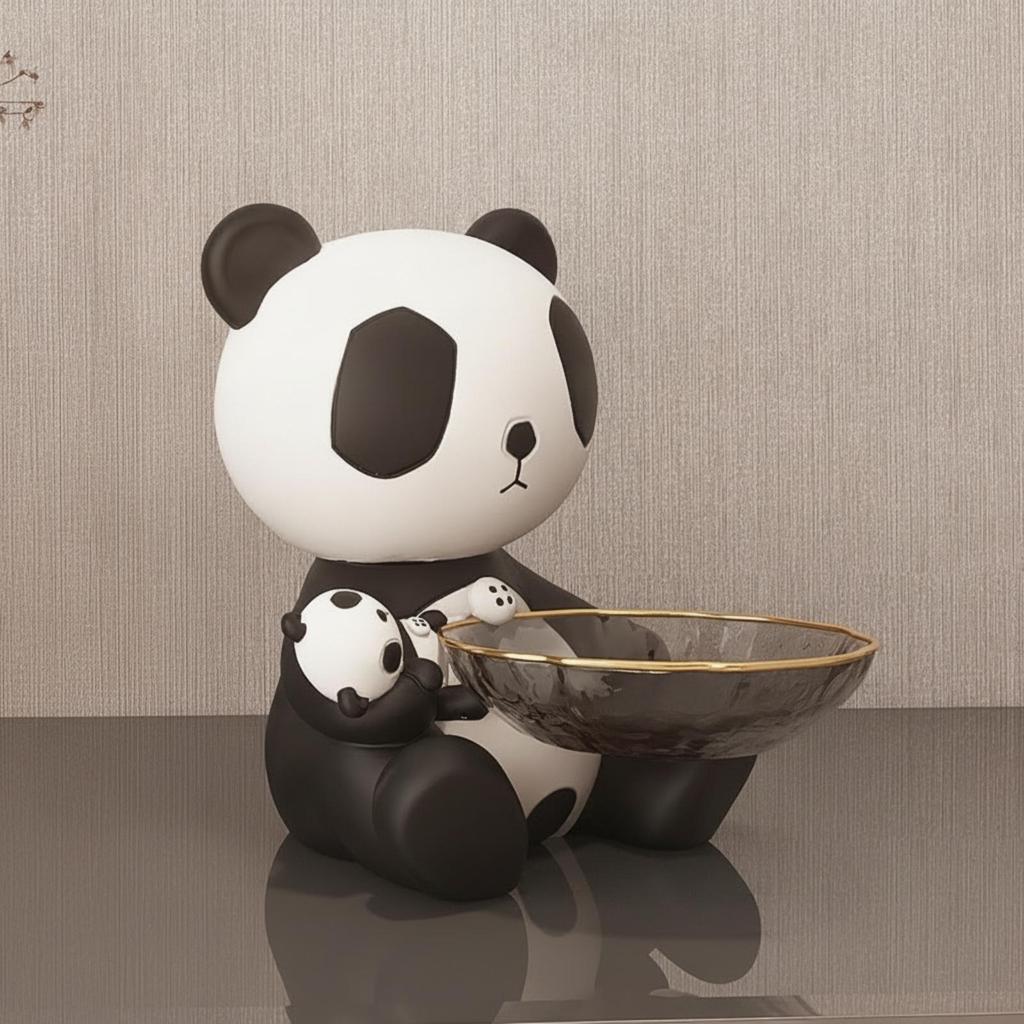 Panda Figurine with Storage Bowl Decorative Statue Cute Catchall Dish for Living
