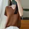 Women Knit T-shirt Summer Knitted Shirt Short Sleeve Tees Turn-down Collar Pullover Knit Tops Female
