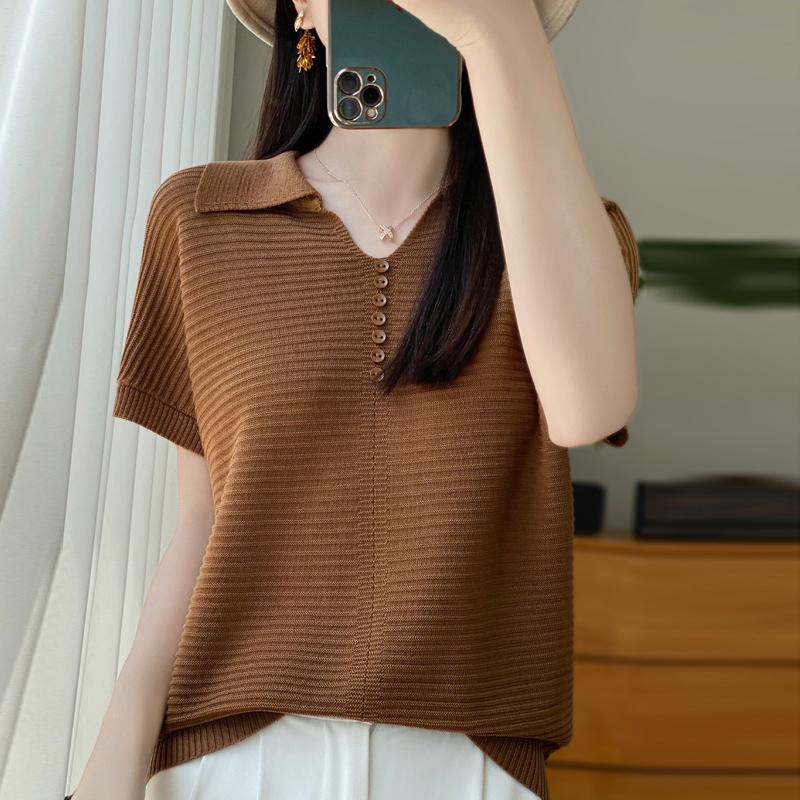 Women Knit T-shirt Summer Knitted Shirt Short Sleeve Tees Turn-down Collar Pullover Knit Tops Female