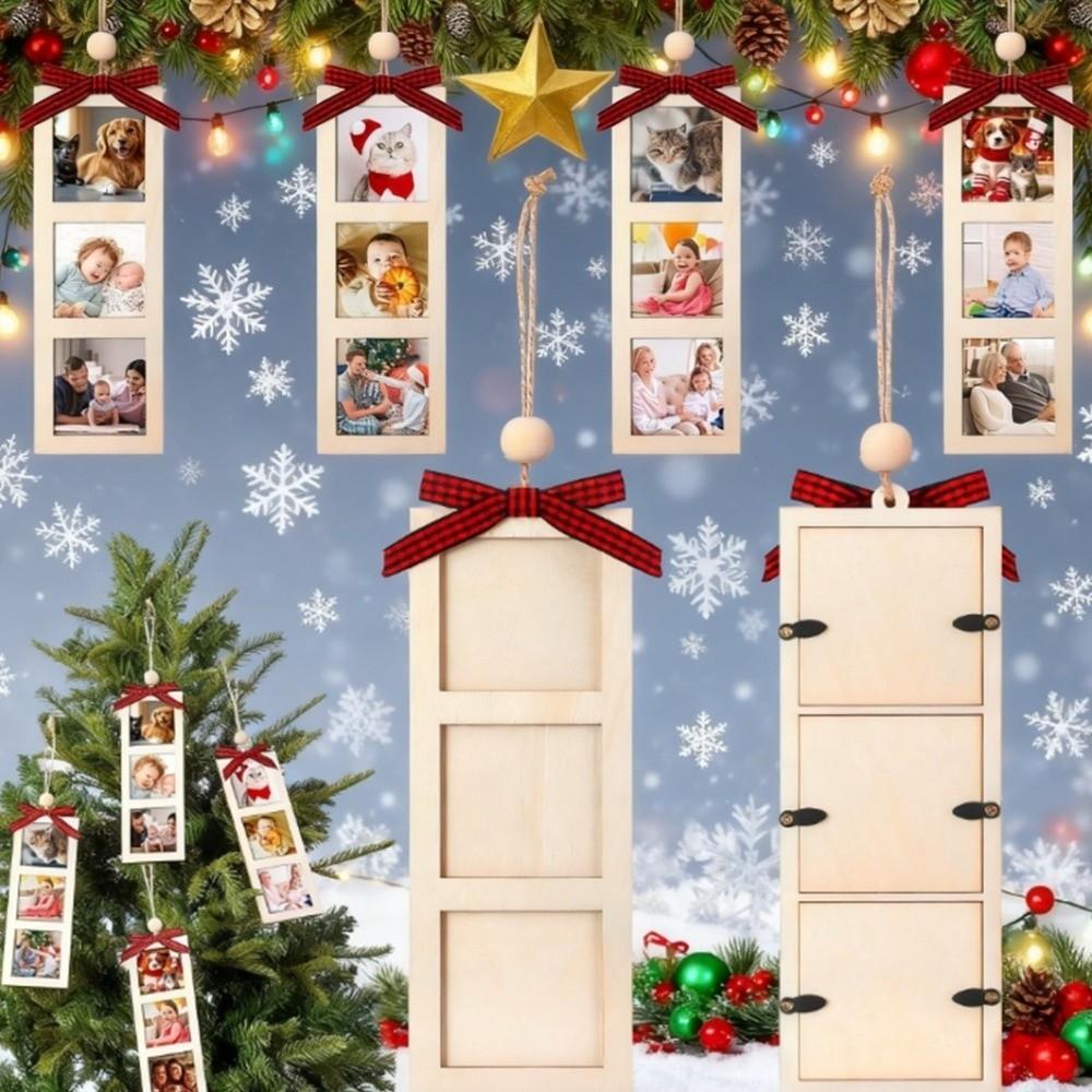 1/3pcs Creative Wooden Christmas Photo Frame Handmade DIY Hanging Ornament Bow Pendant Christmas Tree Decorations New Year Gifts