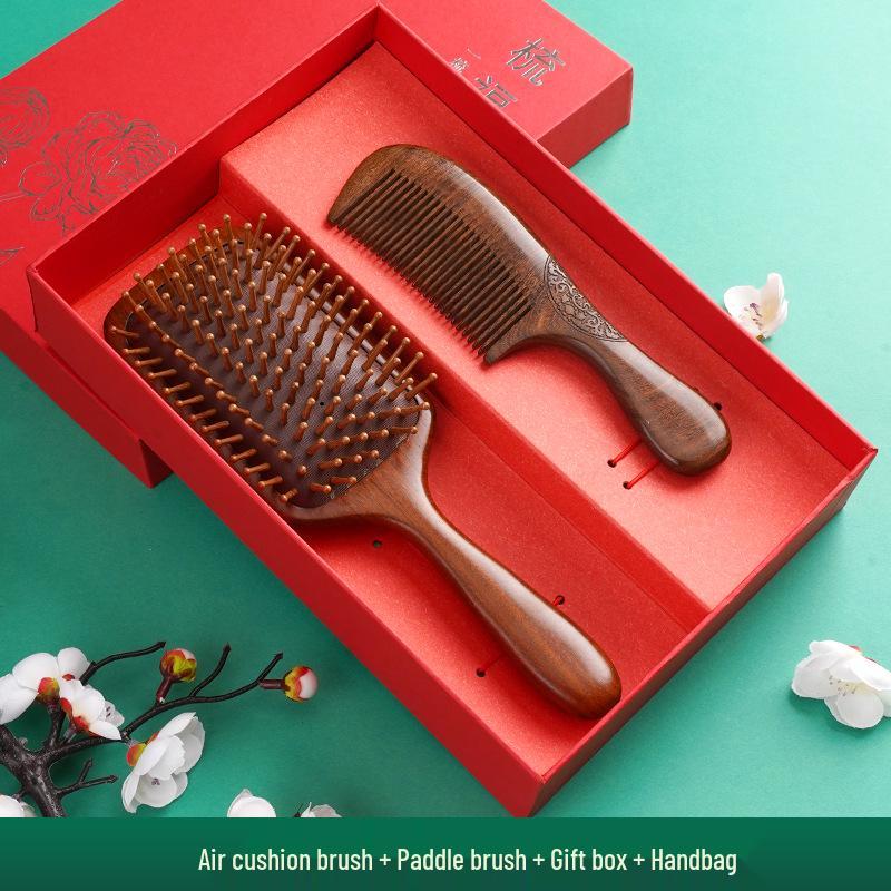 Golden Sandalwood Air Cushion Brush & Wood Comb Gift Set - Scalp Massage Hairdressing Comb for Women, Perfect Nurse's Day Gift.
