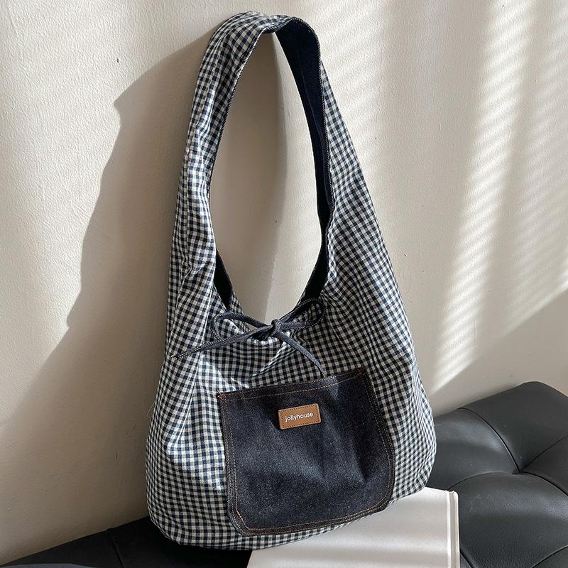 

Новая джинсовая клетчатая двусторонняя сумка-тоут большой вместимости, женская сумка через плечо для студенток колледжа для поездок на работу синий