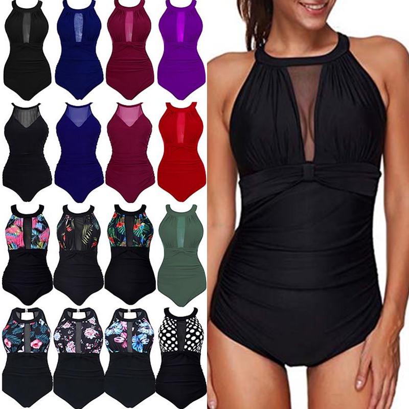 Buy Floral Printed Monokini Women Mesh Patchwork Halter Summer Beach ...