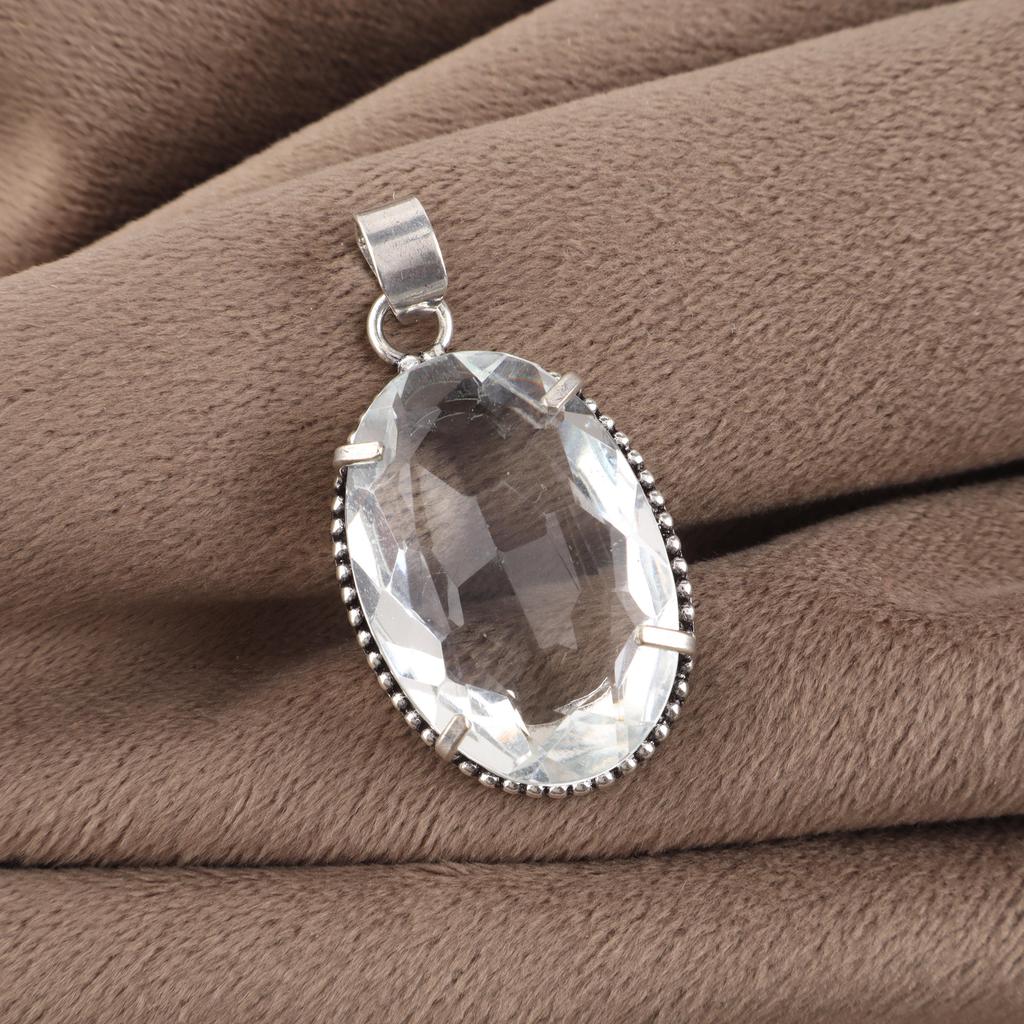 Crystal Quartz Gemstone Silver Pendant 1.75" , 925 Sterling Silver Handmade Jewelry, Women Wedding Pendant PP-63-5