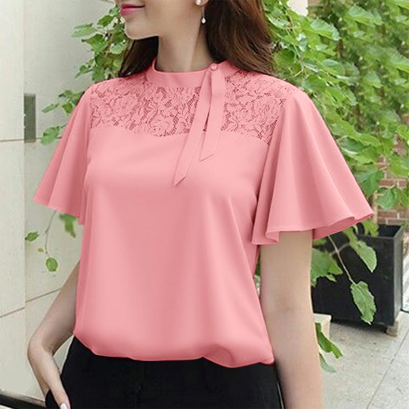 

ZANZEA Женская повседневная блузка с кружевной вставкой, свободного кроя, с коротким рукавом 5XL розовый