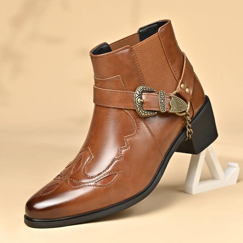 Stivali da Cowboy Vintage alla Moda da Uomo in Pelle con Cinturino Alto a Fibbia a Catena Scarpe a Punta Stivaletti da Motociclista da Uomo