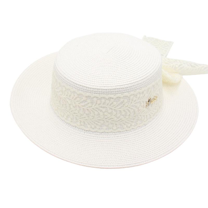 Temperament Straw Hat Female Bow Model Sun Protection Sun Hat Flat Top Hawaiian Lace Beach Hat Street Shot