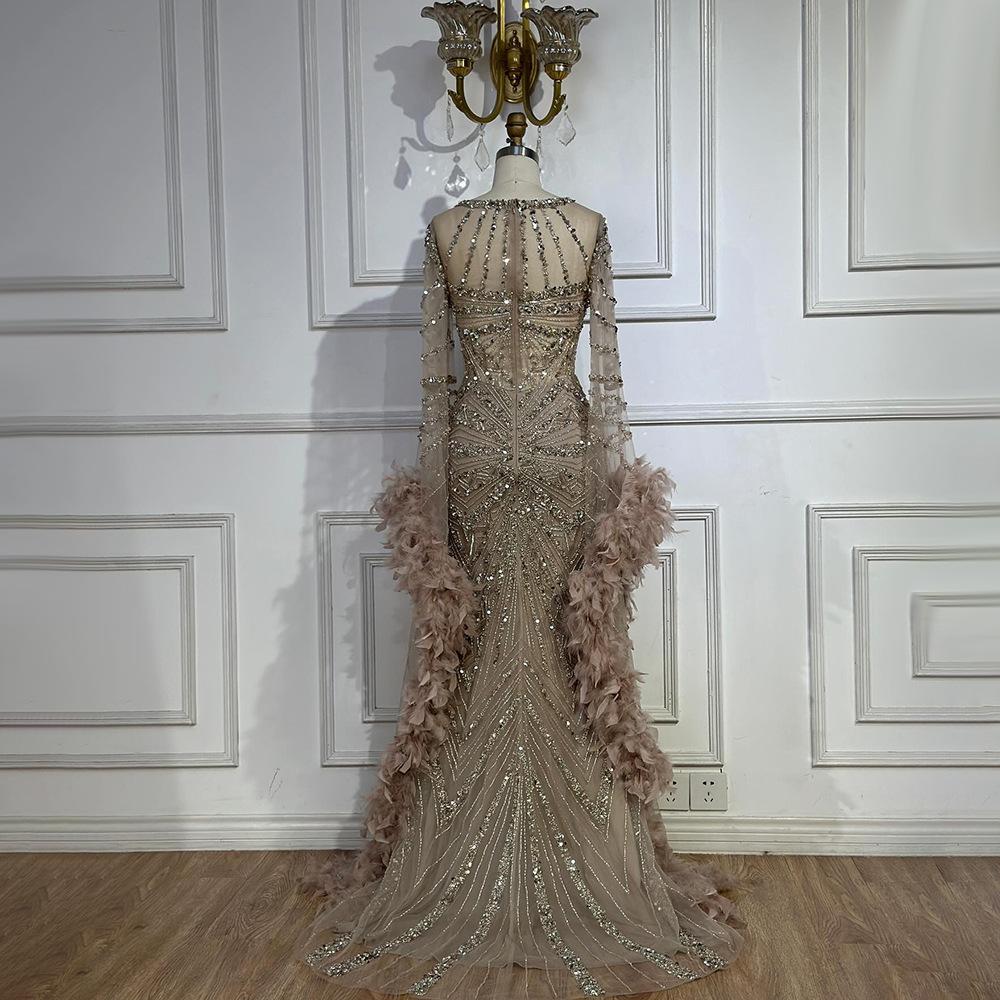 Silver caramel high-end atmospheric bead feather fishtail dress banquet host dress LA11108A