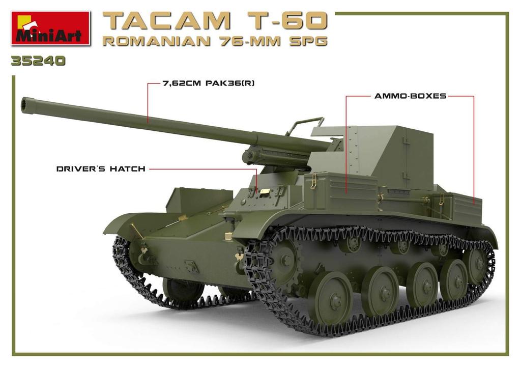 MiniArt Scale Romanian Army 76mm Artillery TACAM Full Interior Plastic Model Kit MA35240 1/35 Self-Propelled T-60