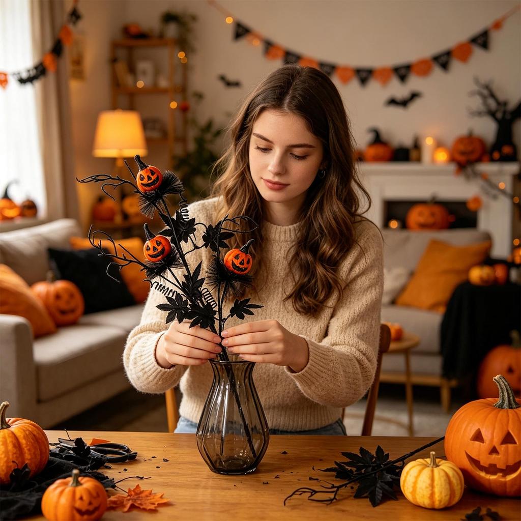 Halloween Decoration Black Scary Pumpkin Branch Bouquet - 2 Pack for Home Decor
