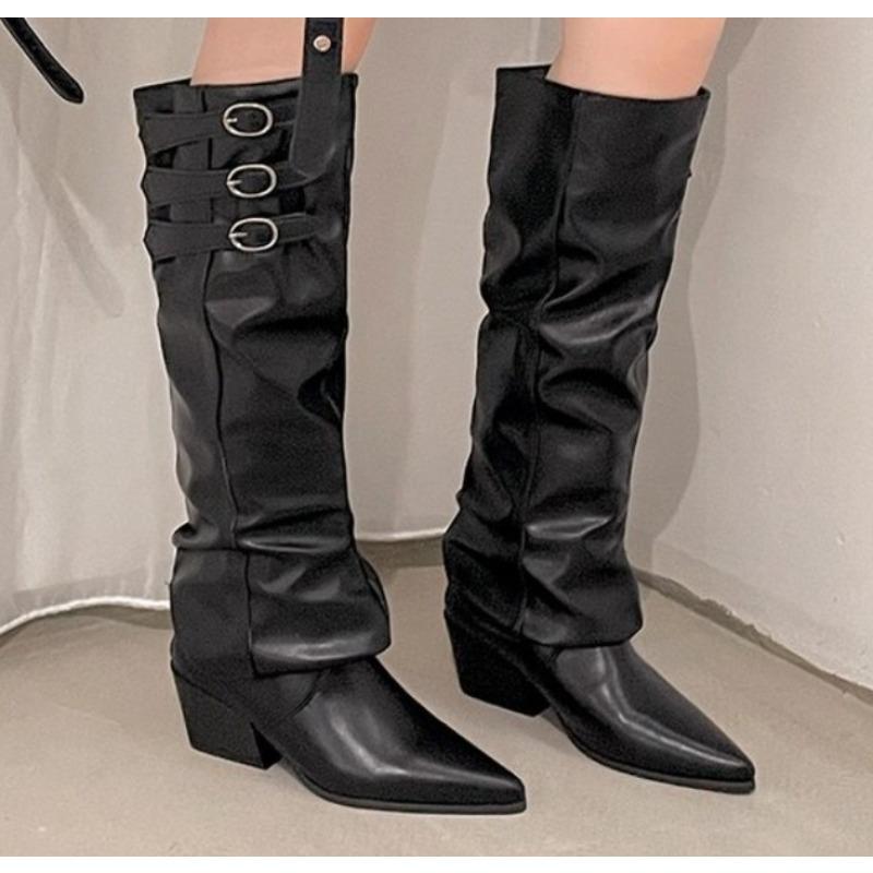 

New Style Women s High Quality Slip on Women s Boots Autumn Pointed Toe Solid Buckle Decoration Mid-Calf Mid Heel Western Boots 40