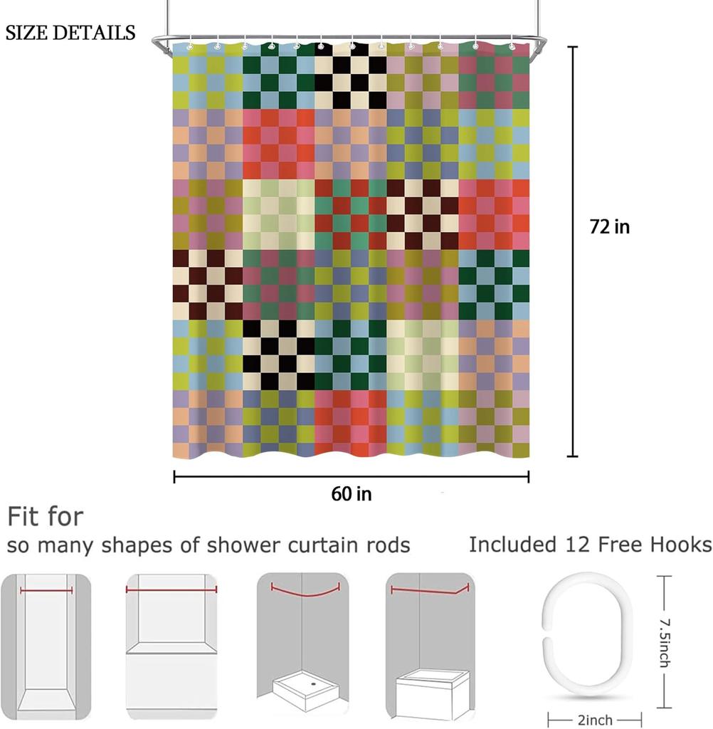 Colorful Geometric Patchwork Checkerboard Shower Curtain, Washable Waterproof Fabric Bathroom Partition Curtain with Hooks