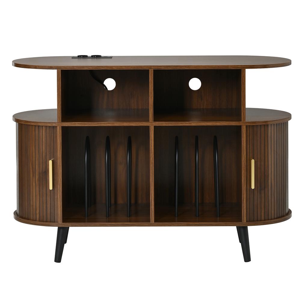Record Cabinet HiFi Cabinet Sideboard MDF Oval Iron Feet Aluminum Handle Charging Station Cable Passage Sliding Door