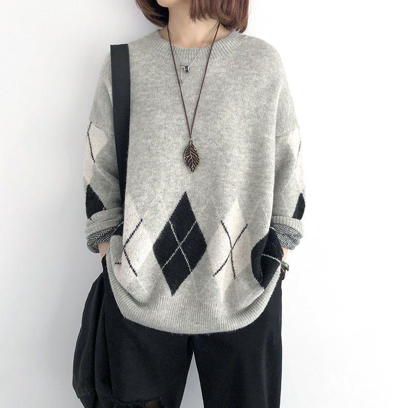 Japanese Style Loose Fit Round Neck Long Sleeve Pullover Knit Sweater For Women