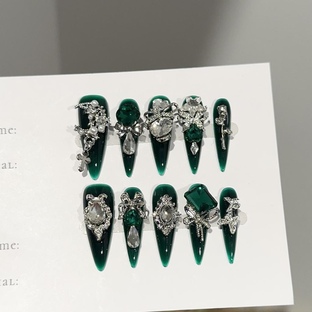 Green Press On Nails Almond Fake Nails French Tip False Nails with Design Glossy Full Cover Acrylic Glue On Nails Artificial Stick On Nails for Women